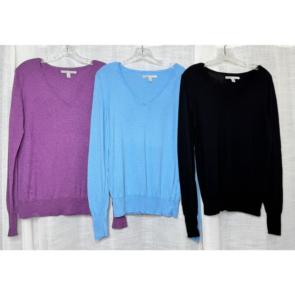 Set of 3 Old Navy V Neck Sweater Sz Large Blue Black Purple Cotton Pullover Knit